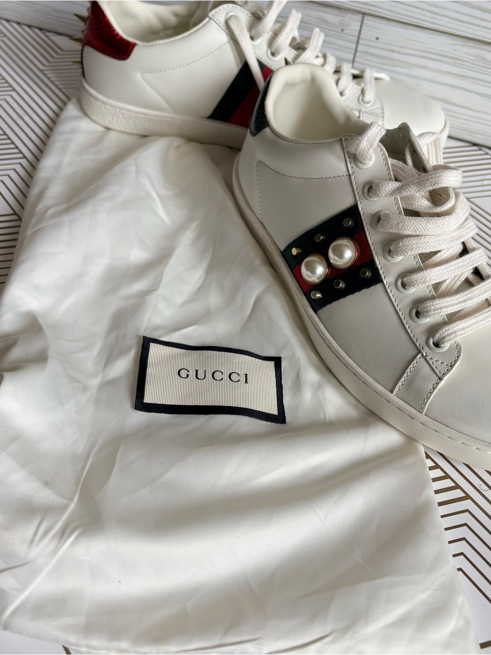 Gucci White Leather Sneakers with Red & Green Web and Pearl Detail